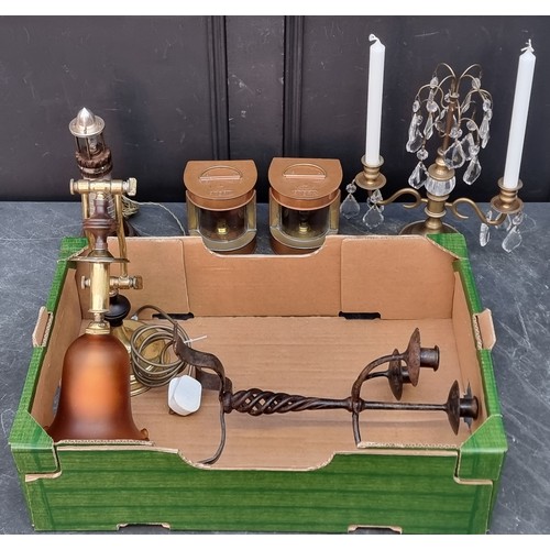 1423 - A steel four branch tripod candelabrum, 39cm high; together with a small reproduction pair of copper... 