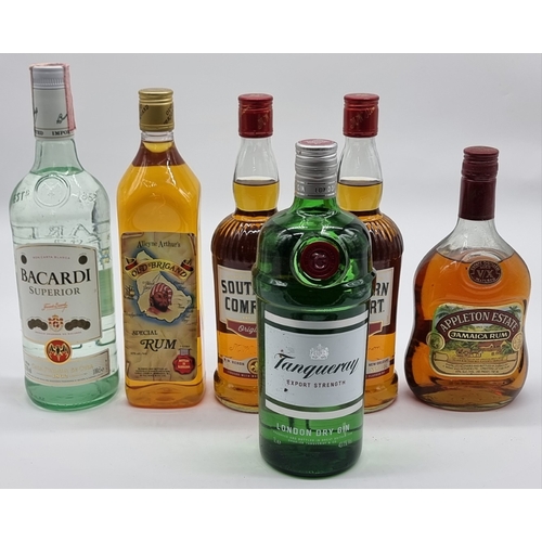 127 - Six bottles of Spirits, comprising: two 70cl Southern Comfort; a 1 litre Gin; a 75cl Appleton Estate... 