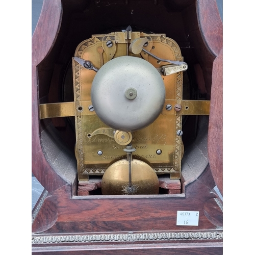 1138 - A good Regency rosewood and brass mounted lyre form twin fusee mantel clock, the 7in painted circula... 