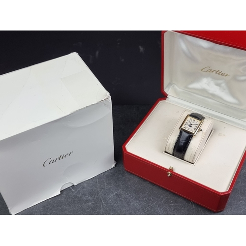 309 - A circa 1990 Cartier 'Tank Louis Moonphase Calendar' 18ct gold quartz wristwatch, 23.5mm x 30mm, Ref... 