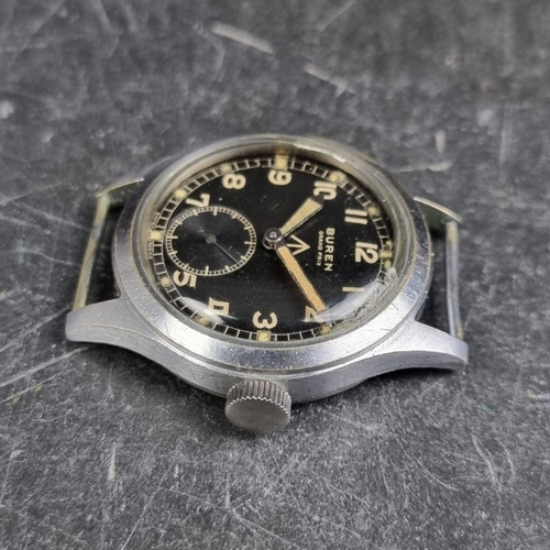 319 - A circa 1945 military issue Buren 'Dirty Dozen' chrome-plated brass manual wind wristwatch, 36.5mm, ... 
