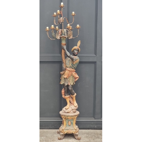 1081 - An old polychrome painted and carved wood Venetian style Blackamoor floor standing lamp, 214cm high.... 