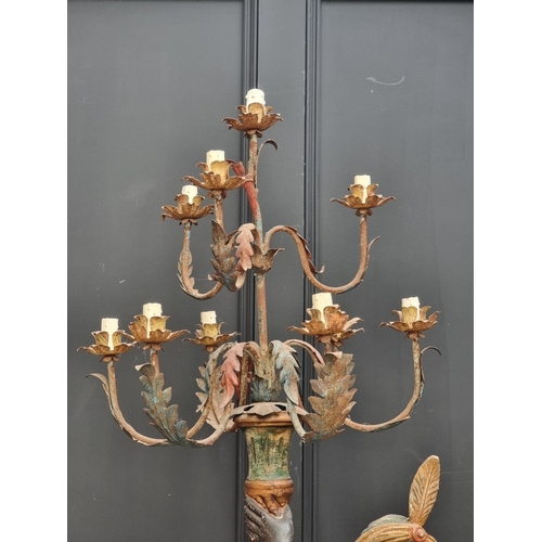 1081 - An old polychrome painted and carved wood Venetian style Blackamoor floor standing lamp, 214cm high.... 