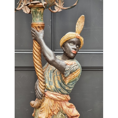 1081 - An old polychrome painted and carved wood Venetian style Blackamoor floor standing lamp, 214cm high.... 