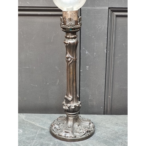1412 - A pair of Art Nouveau style bronze storm lamps, total height 65cm, (crack to one glass shade).... 