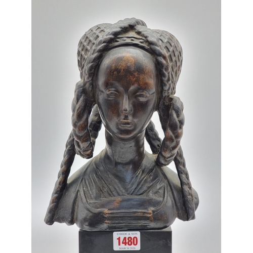 1570 - A French bronze bust of St Mary Magdalene, on socle base, total height 40cm.