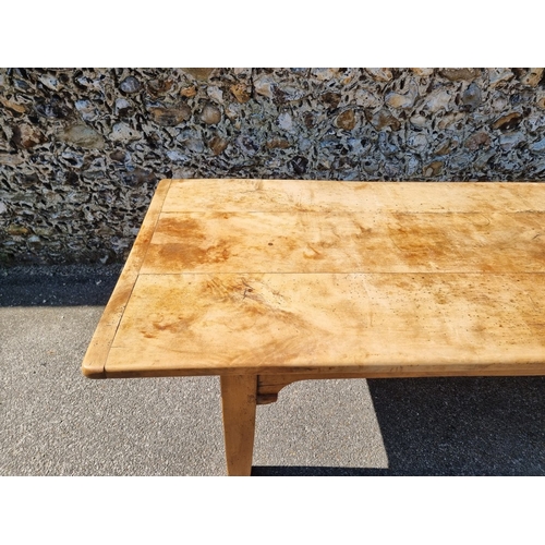 1076 - An old chestnut refectory table, probably French, with a three plank cleated end top above dummy fri... 