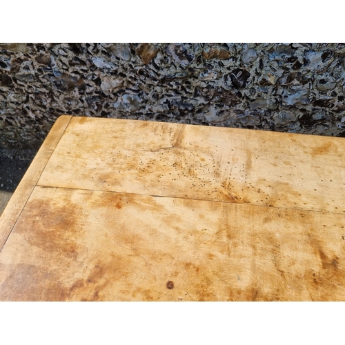 1076 - An old chestnut refectory table, probably French, with a three plank cleated end top above dummy fri... 