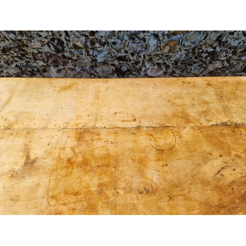 1076 - An old chestnut refectory table, probably French, with a three plank cleated end top above dummy fri... 