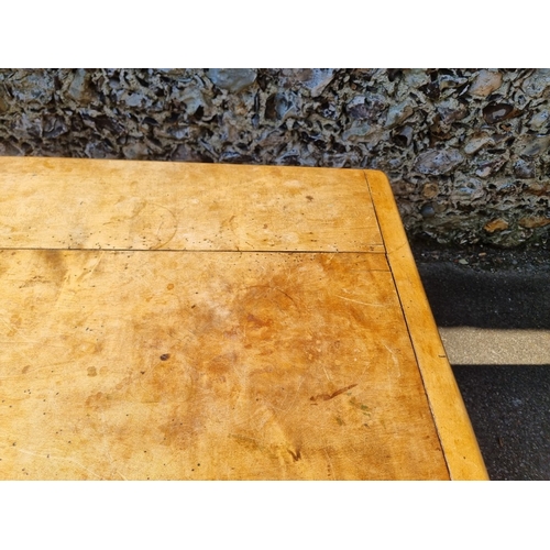 1076 - An old chestnut refectory table, probably French, with a three plank cleated end top above dummy fri... 