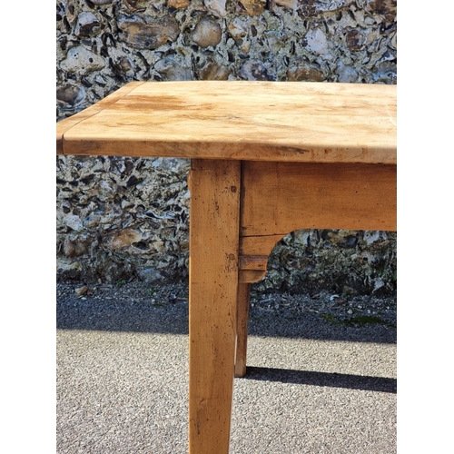 1076 - An old chestnut refectory table, probably French, with a three plank cleated end top above dummy fri... 