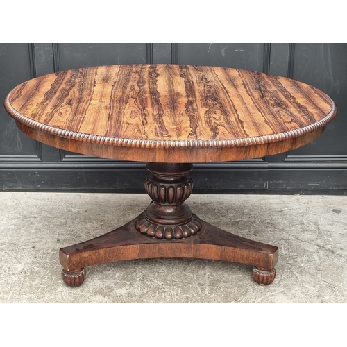 1077 - A William IV rosewood circular tilt-top breakfast table, 130.5cm diameter.