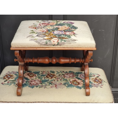 1078 - Two Victorian walnut and upholstered stools, largest 95.5cm wide.