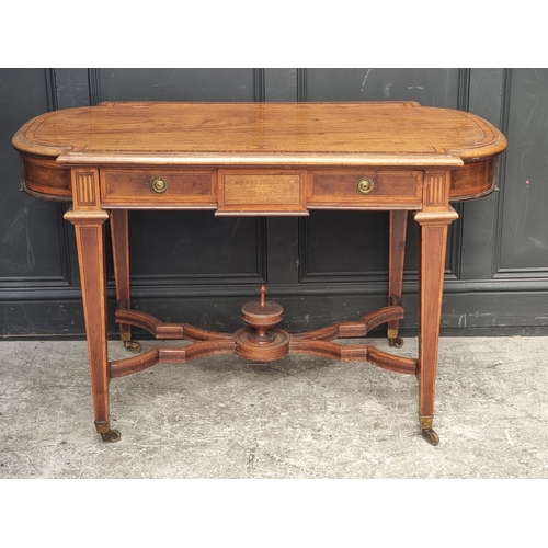 1083 - A late Victorian mahogany, satinwood crossbanded and inlaid centre table, with a frieze drawer and o... 