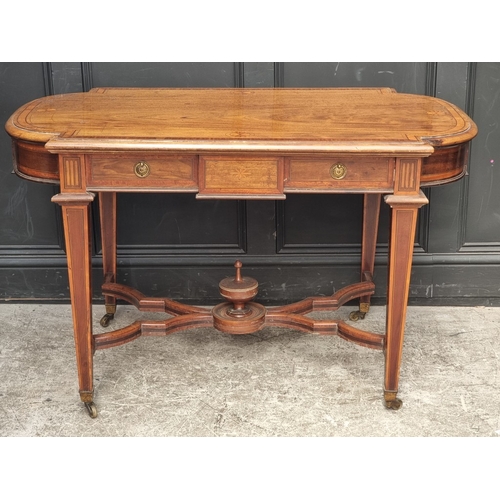 1083 - A late Victorian mahogany, satinwood crossbanded and inlaid centre table, with a frieze drawer and o... 