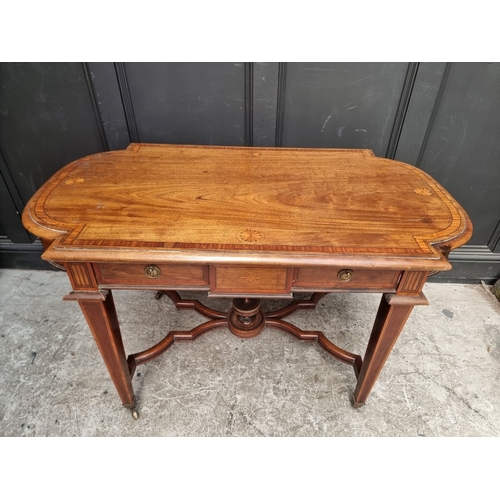 1083 - A late Victorian mahogany, satinwood crossbanded and inlaid centre table, with a frieze drawer and o... 