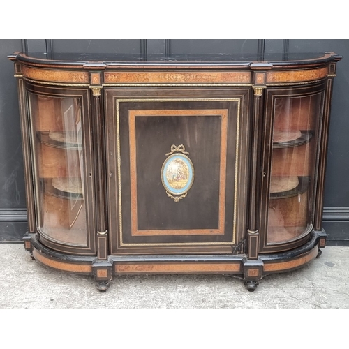 1084 - A Victorian ebonized, burr yew and inlaid credenza, incorporating a Sevres style porcelain panel and... 