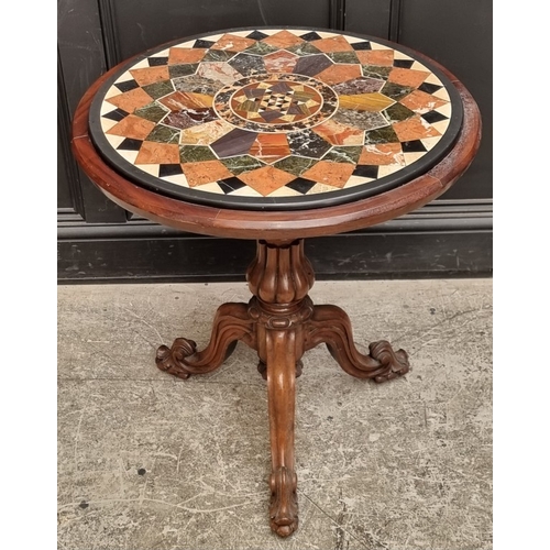 1087 - A Victorian walnut and specimen marble tripod occasional table, 67cm diameter.