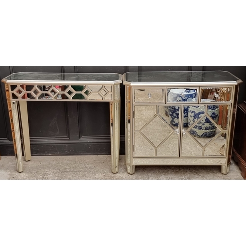 1090 - A contemporary mirrored glass side cabinet and similar console table, the former 96.5cm wide, the la... 