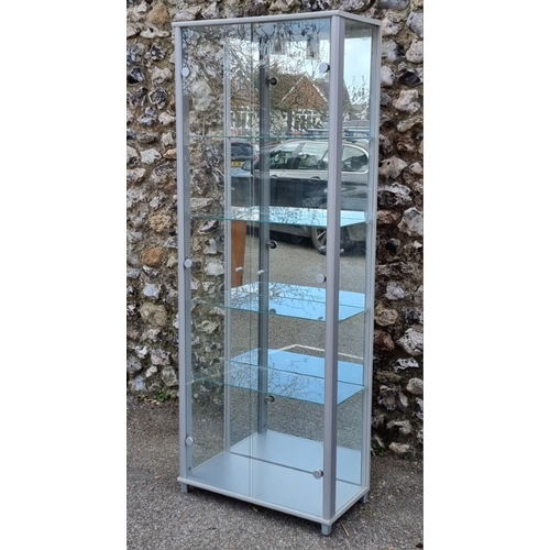 1091 - A modern silver painted display cabinet, 172cm high x 64.5cm wide.