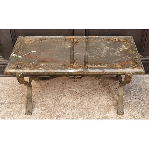 1093 - A vintage Italian verdigris metal and reverse glass painted rectangular low occasional table, 43cm h... 