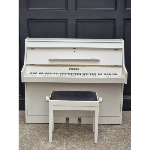 1098 - A small Kemble upright piano, 113.5cm wide; together with a matching stool. (2)