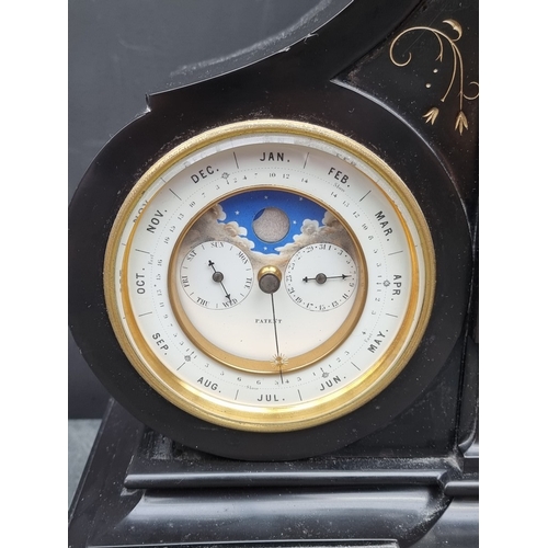 1166 - An impressive late 19th century slate and malachite perpetual calendar mantel clock, the barometer d... 