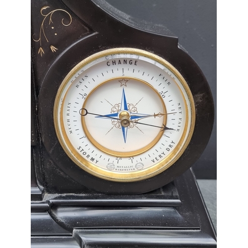 1166 - An impressive late 19th century slate and malachite perpetual calendar mantel clock, the barometer d... 