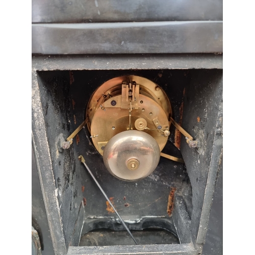 1166 - An impressive late 19th century slate and malachite perpetual calendar mantel clock, the barometer d... 