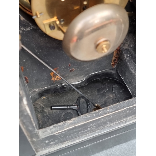 1166 - An impressive late 19th century slate and malachite perpetual calendar mantel clock, the barometer d... 