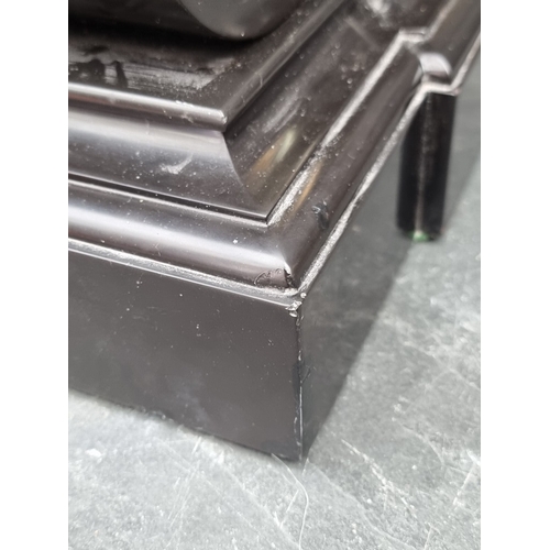 1166 - An impressive late 19th century slate and malachite perpetual calendar mantel clock, the barometer d... 