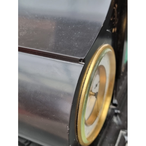 1166 - An impressive late 19th century slate and malachite perpetual calendar mantel clock, the barometer d... 