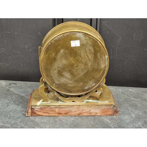 1173 - A brass drumhead timepiece, on mahogany base, 26cm high, (dial repainted).
