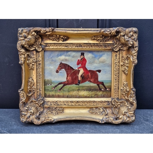 1210 - English School, a huntsman and hound, oil on board, 11.5 x 16.5cm.