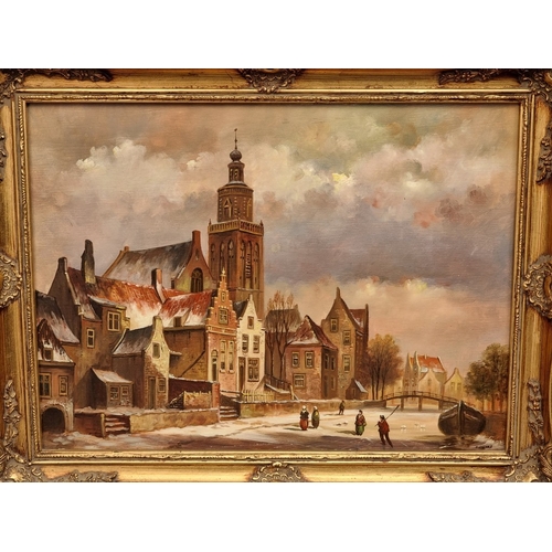 1213 - H Williams, figures on a frozen Dutch canal, signed, oil on panel, 28.5 x 39.5cm.