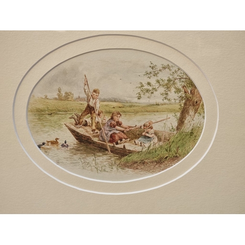 1226 - Follower of Miles Birket Foster, a Summer harvest scene; children in a punt, a pair, each bearing mo... 