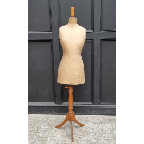 1307 - A vintage tailors dummy, inscribed to base 'W-S', on beech tripod stand, 160cm high.... 