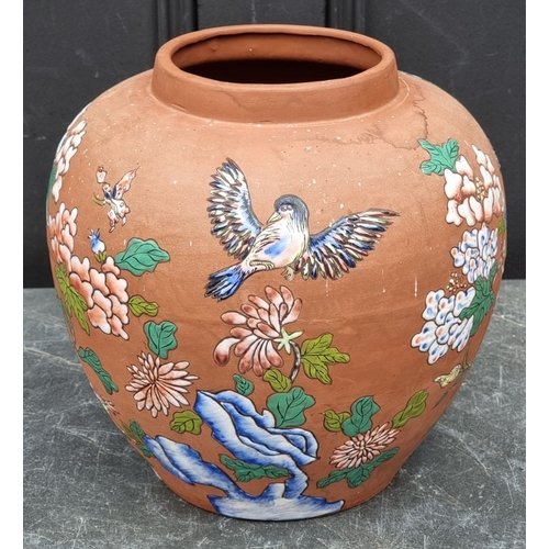 1334 - A terracotta ovoid base, enamelled in the Chinese style, possible Wedgwood, 25.5cm high; together wi... 