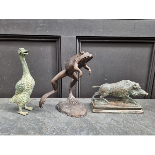 1335 - A bronze frog water feature, 30.5cm high; together with another bronze boar, 26.5cm long; and a simi... 