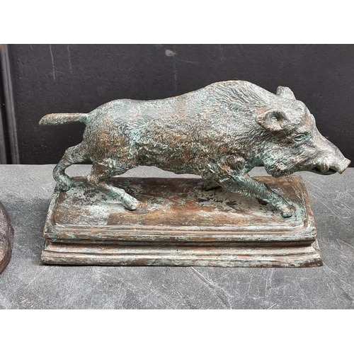 1335 - A bronze frog water feature, 30.5cm high; together with another bronze boar, 26.5cm long; and a simi... 
