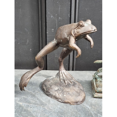 1335 - A bronze frog water feature, 30.5cm high; together with another bronze boar, 26.5cm long; and a simi... 