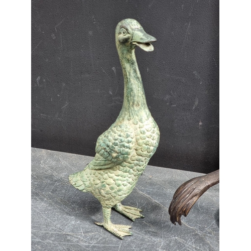 1335 - A bronze frog water feature, 30.5cm high; together with another bronze boar, 26.5cm long; and a simi... 