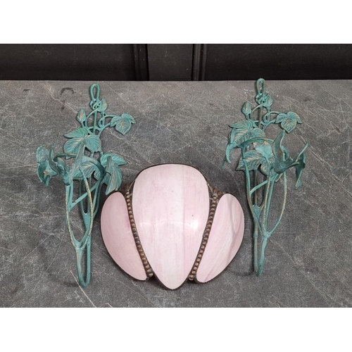 1348 - A mixed group of light fittings and similar, to include a pair of patinated brass and crackle glass ... 