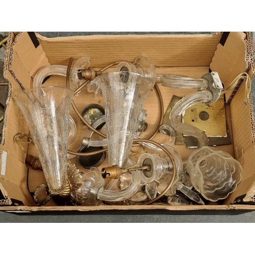 1348 - A mixed group of light fittings and similar, to include a pair of patinated brass and crackle glass ... 