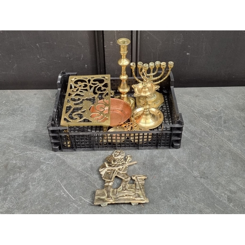 1349 - A small group of brass and copper, to include a menorah, 16.5cm high. (9)