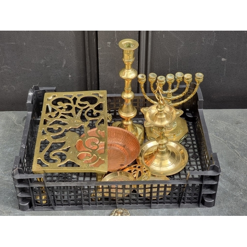 1349 - A small group of brass and copper, to include a menorah, 16.5cm high. (9)