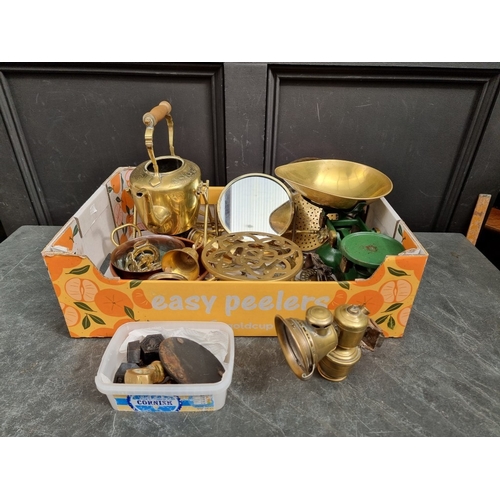 1352 - A collection of copper and brass, to include a set of kitchen scales, and a Lucas Aceta cycle lamp.... 