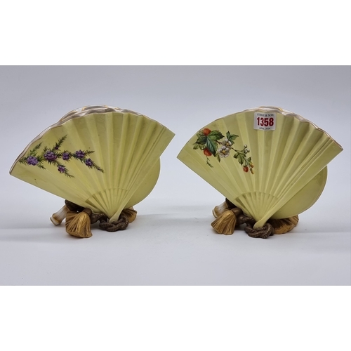 1358 - A very unusual pair of Victorian Royal Worcester fan vases, circa 1880, each painted with wildflower... 