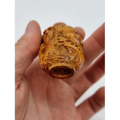 1369 - Two Chinese carved amber snuff bottles and hardstone covers, probably Qing, total height of largest ... 