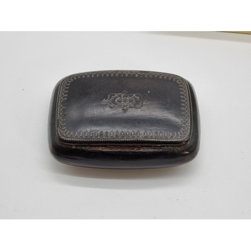 1381 - A mixed group of works of art, to include Georgian papier mache snuff boxes; and a Victorian mother-... 